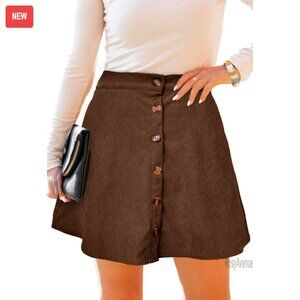 Corduroy Pleated Mini Skirt with Pockets, Button Front, Elastic Waist